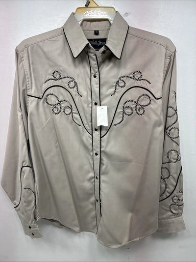 New Women’s White Horse Tan Black Design Long Sleeve Pearl Snap Medium YY-18