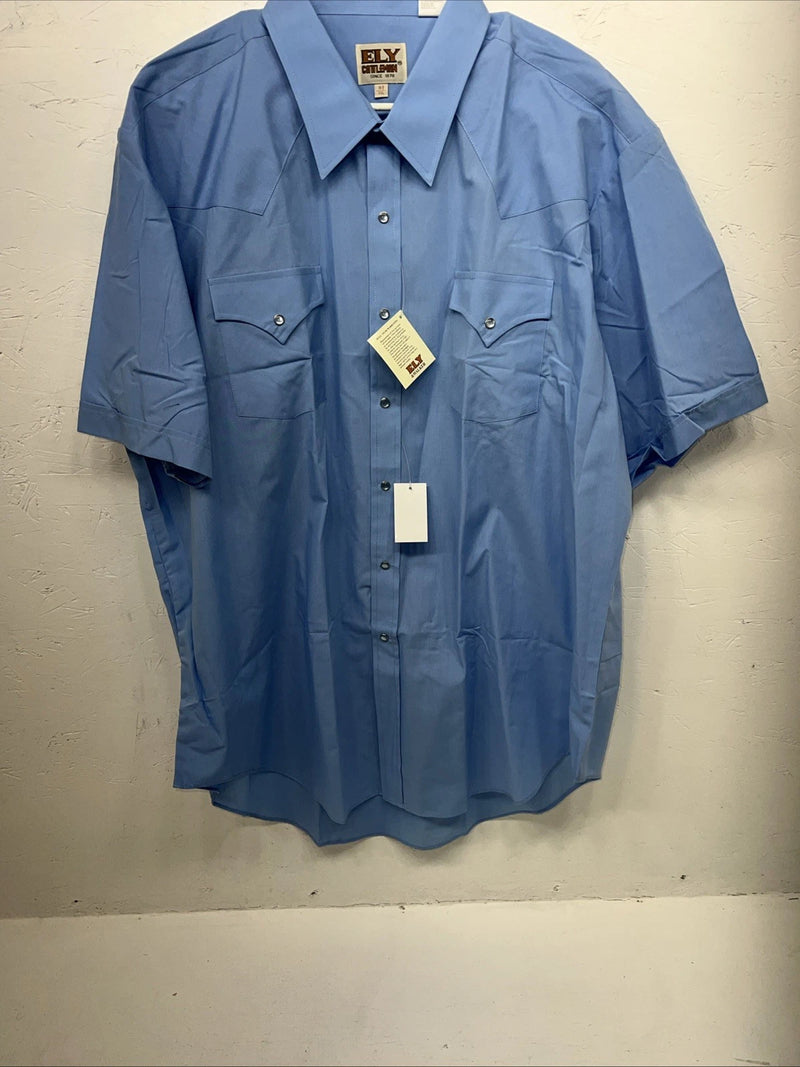 New Men’s Blue ELY Cattleman Pearl Snap Short Sleeve Shirt. 18.5 2XL P-47