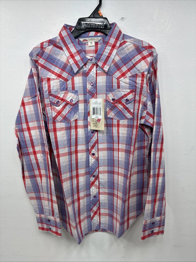 New Women’s Cumberland Pink Purple Plaid Long Sleeve Pearl Snap Medium LL-47