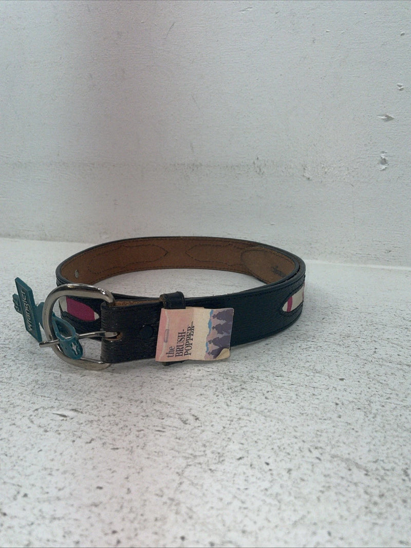 New Black Genuine Leather Wrangler Pink Striped Fabric 32” Belt #627005 Z-16