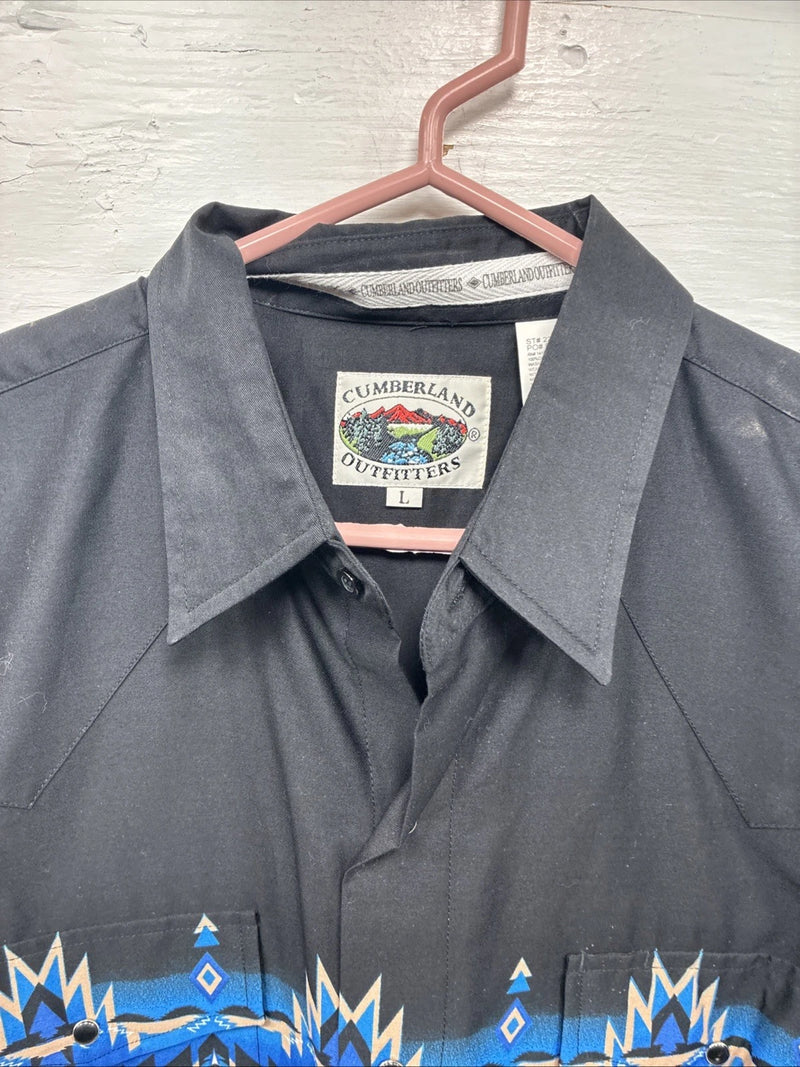 New Men’s Cumberland Black Blue Design Long Sleeve Pearl Snap Large CC-55