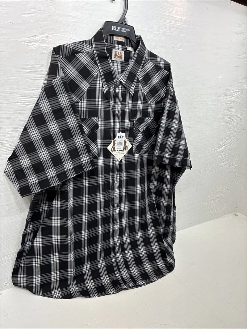 New Men’s ELY Cattleman Black White Flannel Short Sleeve Pearl Snap 4XL E-78
