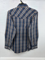New Men’s ELY 1878 Blue Brown Plaid Long Sleeve Pearl Snap Large Q-32