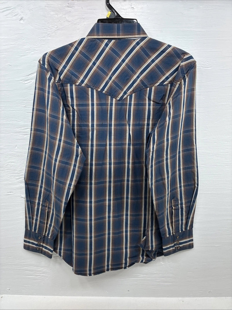 New Men’s ELY 1878 Blue Brown Plaid Long Sleeve Pearl Snap Large Q-32