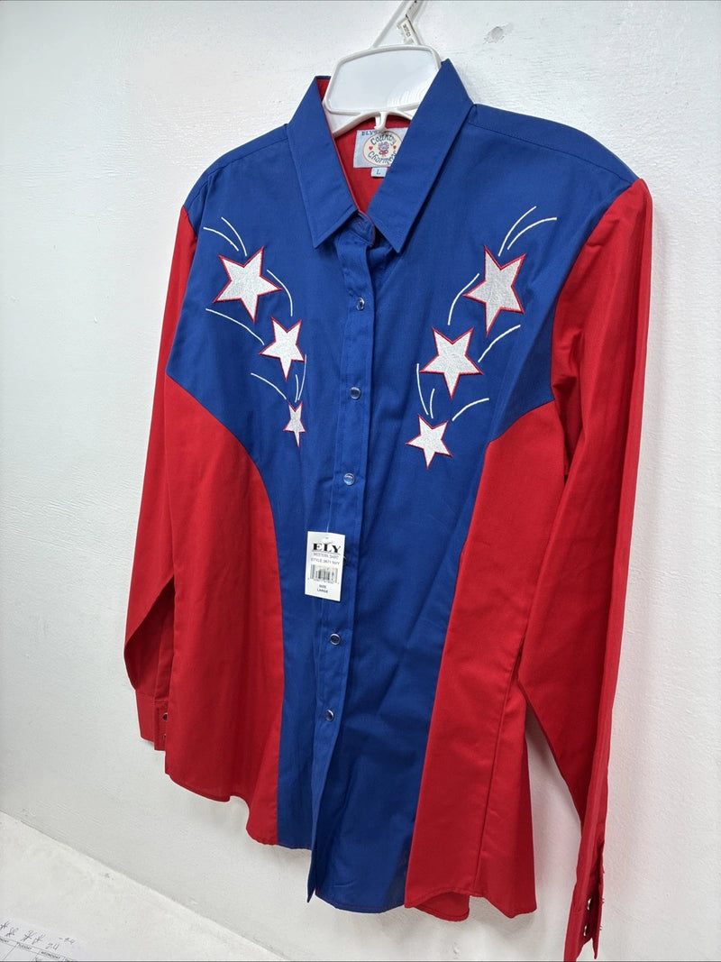 New Women’s Country Charmer Red Blue Long Sleeve Pearl Snap Large MM-65