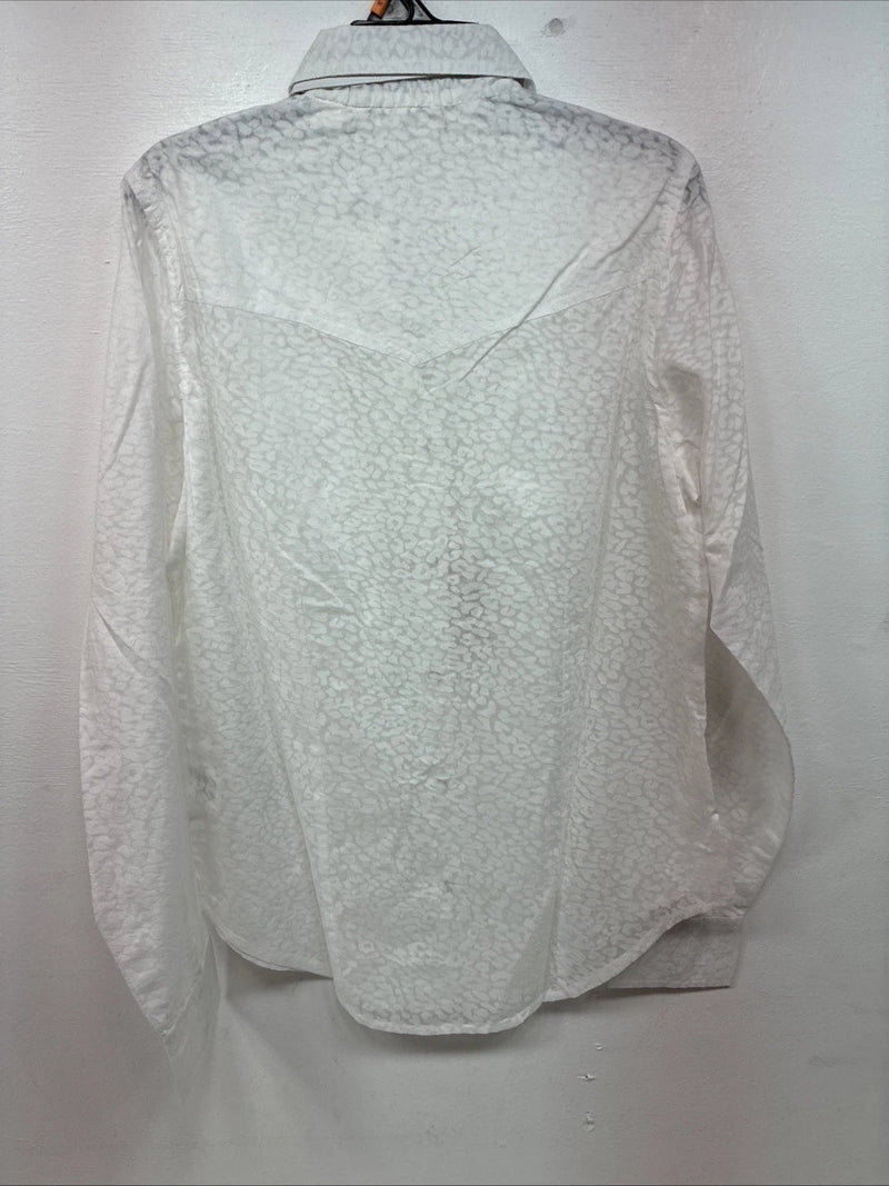 New Women’s Cumberland White Cheetah Print Long Sleeve Pearl Snap Medium LL-77