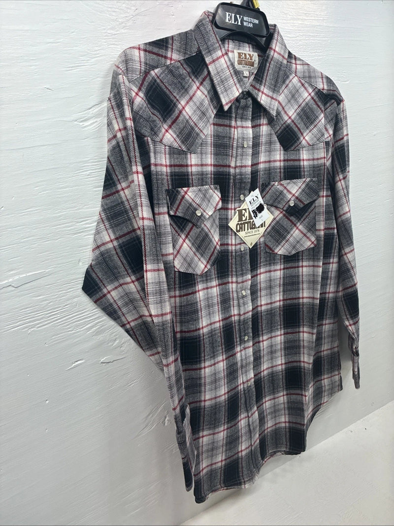 New Men’s ELY Cattleman Black Red Plaid Long Sleeve Pearl Snap Large V-71
