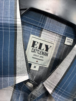 New Men’s ELY Cattleman Blue Gray Plaid Long Sleeve Pearl Snap Medium J-90