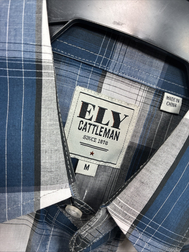 New Men’s ELY Cattleman Blue Gray Plaid Long Sleeve Pearl Snap Medium J-90