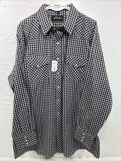 New Men’s White Horse  Black White Plaid Long Sleeve Pearl Snap XL H-80