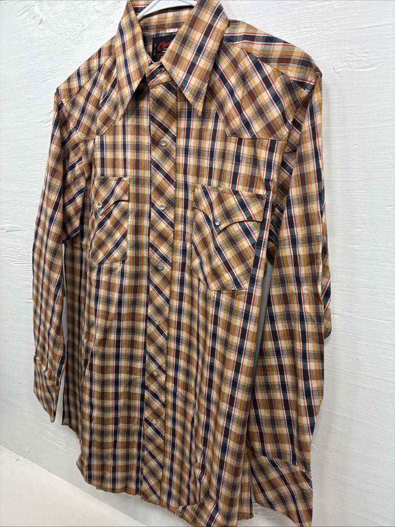 New Men’s Champion Western Yellow Brown Plaid Long Sleeve Pearl Snap Medium O-31