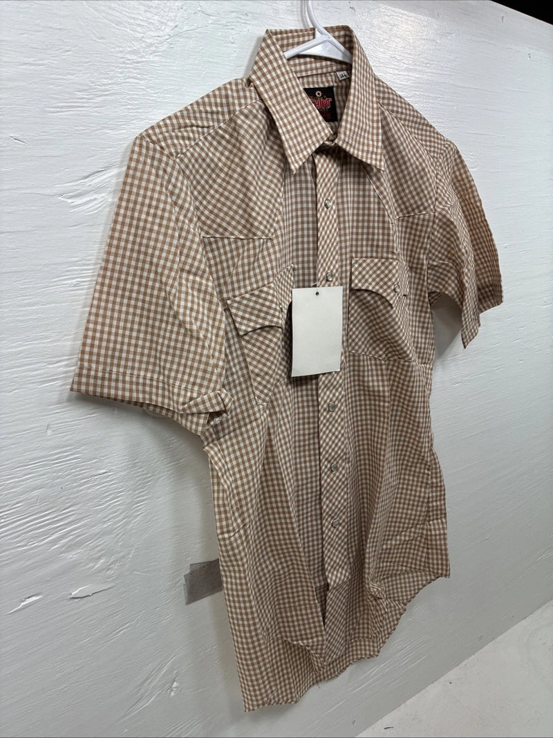 New Mems Western Shirt Brown Checkered Short Sleeve Pearl Snap Small AA-103