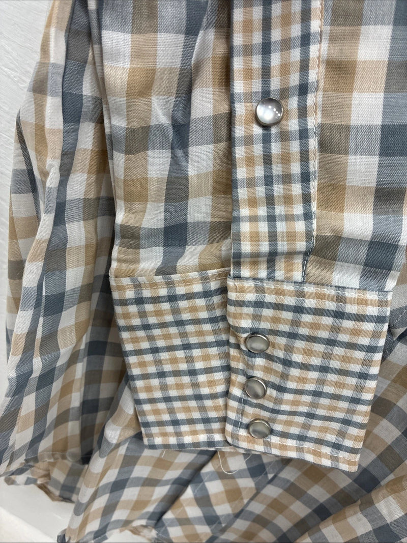 New Men’s Stockman Yellow Blue Plaid Long Sleeve Pearl Snap 14.5 X 33 Small R-21