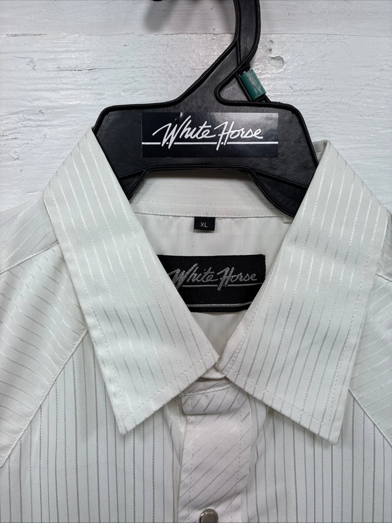 New Men’s White Horse White Stripe Design Long Sleeve Pearl Snap XL O-63