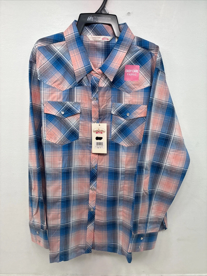 New Women’s Cumberland Pink Blue Plaid Long Sleeve Pearl Snap 3XL GG-47