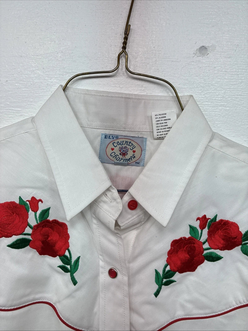 New Women’s Country Charmers White Rose Long  Sleeve Pearl Snap Large KK-118
