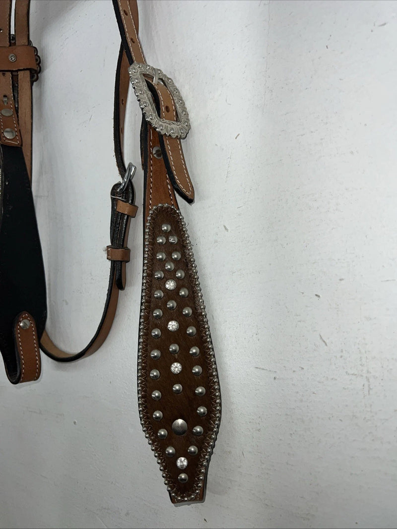 New Leather Silver Royal Beaded Diamond Browband Headstall W Split Reins U-35
