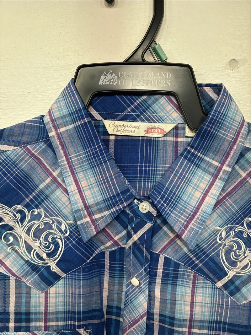 New Women’s Cumberland Blue Plaid Long Sleeve Pearl Snap XL GG-59