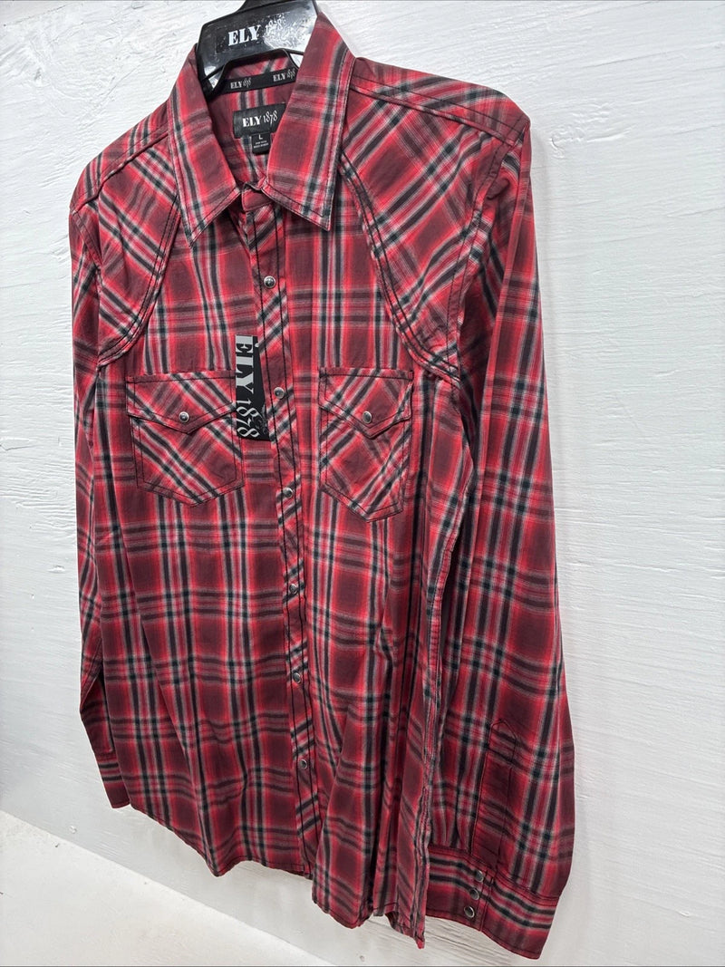 New Men’s ELY 1878 Red Black Plaid Long Sleeve Pearl Snap Large Q-51