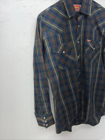 New Men’s Green Plaid Pearl Snap ELY plains Long Sleeve Shirt. 15.5x33 M I-49