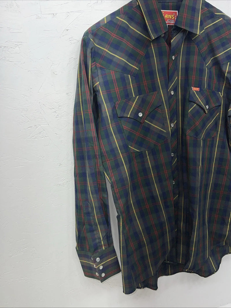 New Men’s Green Plaid Pearl Snap ELY plains Long Sleeve Shirt. 15.5x33 M I-49