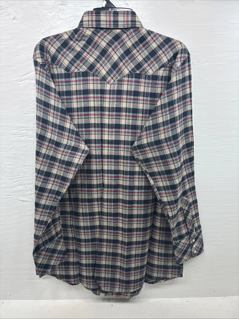 New Men’s White Horse Brown Blue Plaid Long Sleeve Pearl Snap Large V-102