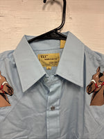 New Men’s ELY Wildlife Blue Horse Embroidered Long Sleeve Pearl Snap Small M-33