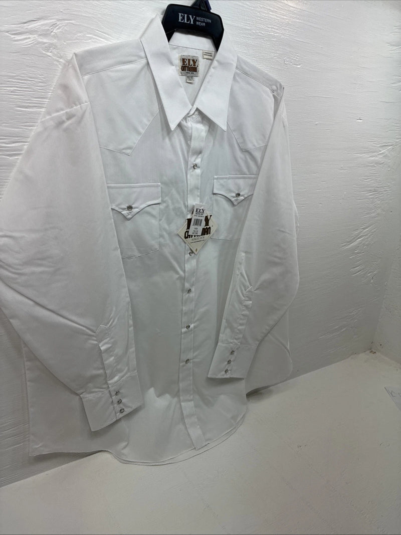 New Men’s ELY Cattleman White Long Sleeve Pearl Snap 18.5 X 35 2XL F-77