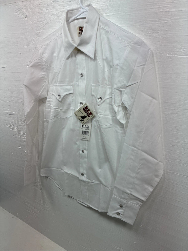 New Boys ELY Cattleman White Long Sleeve Pearl Snap Size 14 AA-41