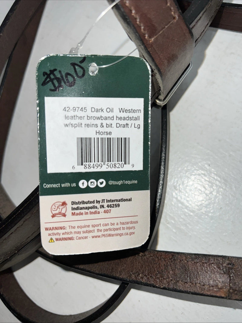 New Leather Tough 1 Western Browband Headstall W/ Split Reins And Bit Large S-73