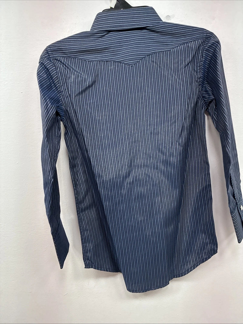 New Kids White Horse Blue Stripe Long Sleeve Pearl Snap Small DD-137