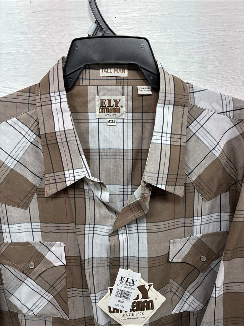 New Men’s ELY Cattleman Tan White Flannel Short Sleeve Pearl Snap 4XL E-69