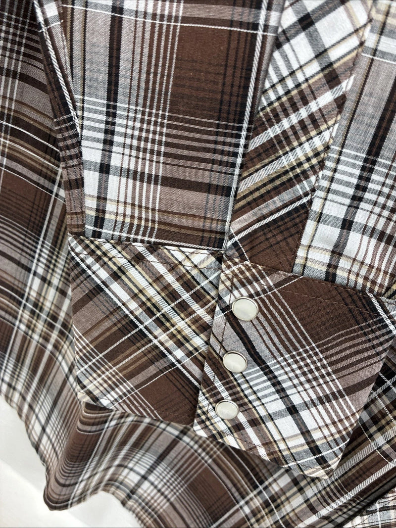 New Men’s White Horse Brown Plaid Long Sleeve Pearl Snap XL O-48