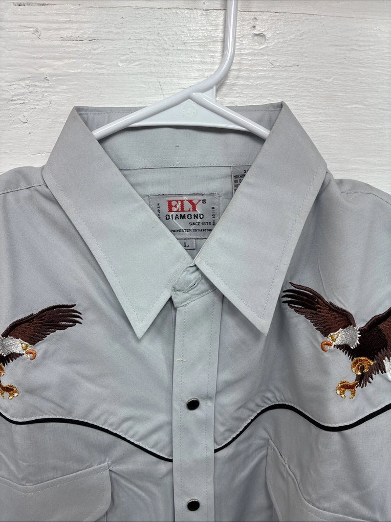 New Men’s ELY Diamond Gray Eagle Design Long Sleeve Pearl Snap Large CC-64