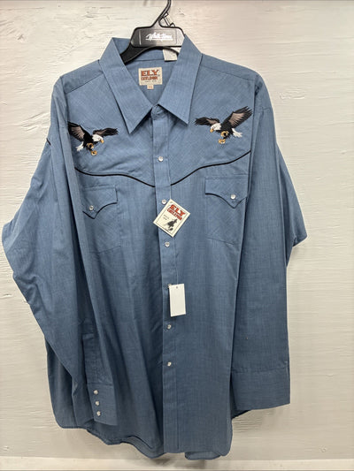 New Men’s ELY Cattleman Blue Eagle Design Long Sleeve Pearl Snap 2XL H-54