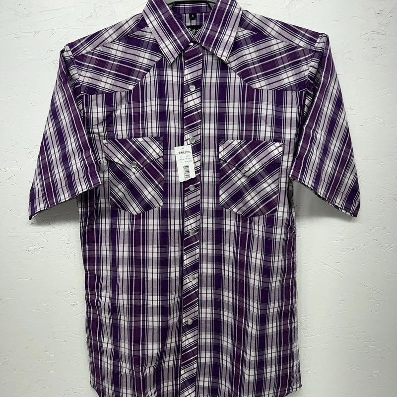 New Men’s White Horse Purple Short Sleeve Pearl Snap Small B-46