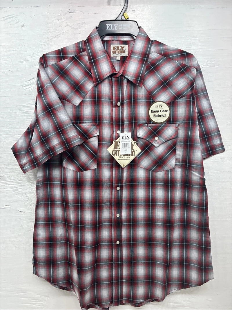 New Men’s ELY Cattleman Red Gray Plaid Short Sleeve Pearl Snap Large X-21