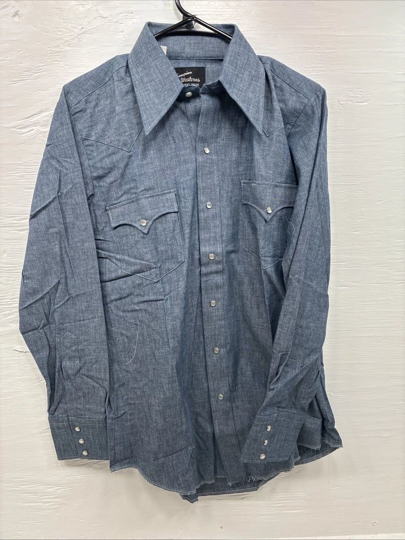New Men’s Champion Western Blue Design Long Sleeve Pearl Snap 15.5 Medium R-11