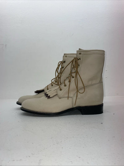 New Women’s Cream Lace Up Acme Cowboy Boots. 0814 10 M. 15-119