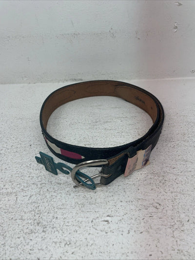 New Black Genuine Leather Wrangler Pink Striped Fabric 32” Belt #627005 Z-16