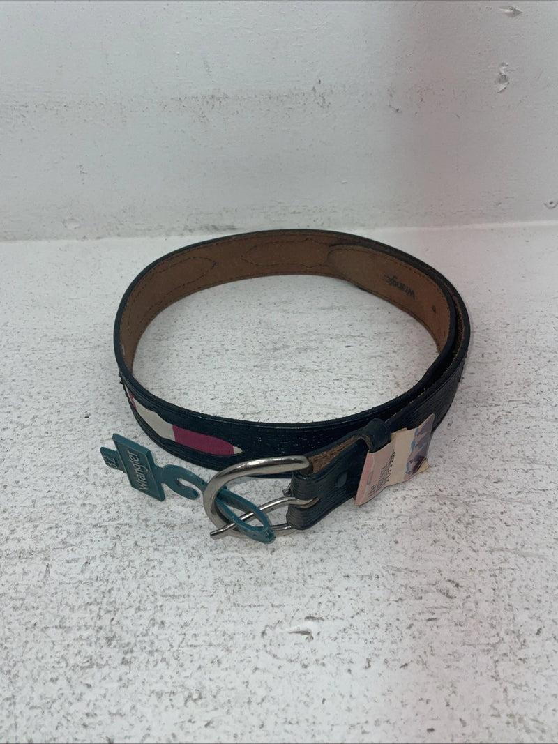 New Black Genuine Leather Wrangler Pink Striped Fabric 32” Belt #627005 Z-16
