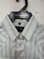 New Women’s White Horse White Blue Stripe Long Sleeve Pearl Snap Large GG-72