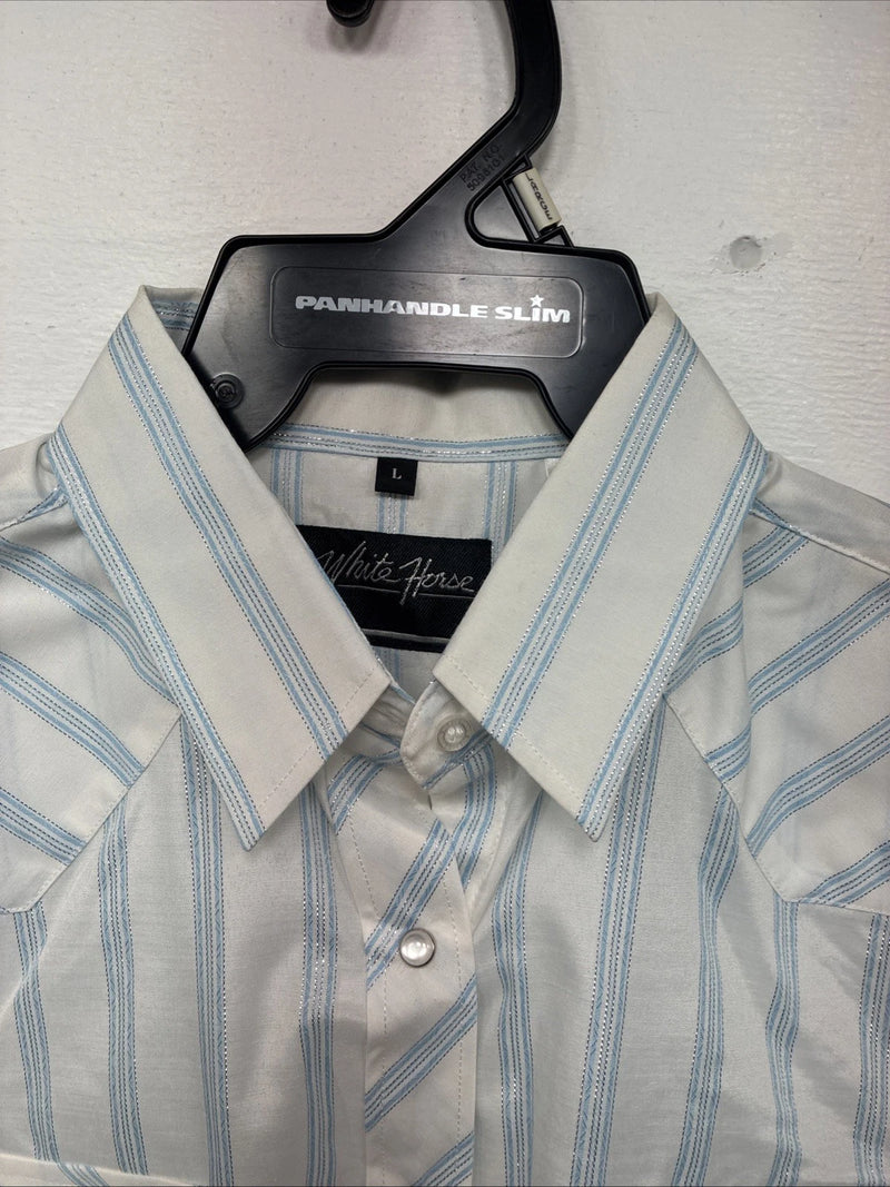 New Women’s White Horse White Blue Stripe Long Sleeve Pearl Snap Large GG-72