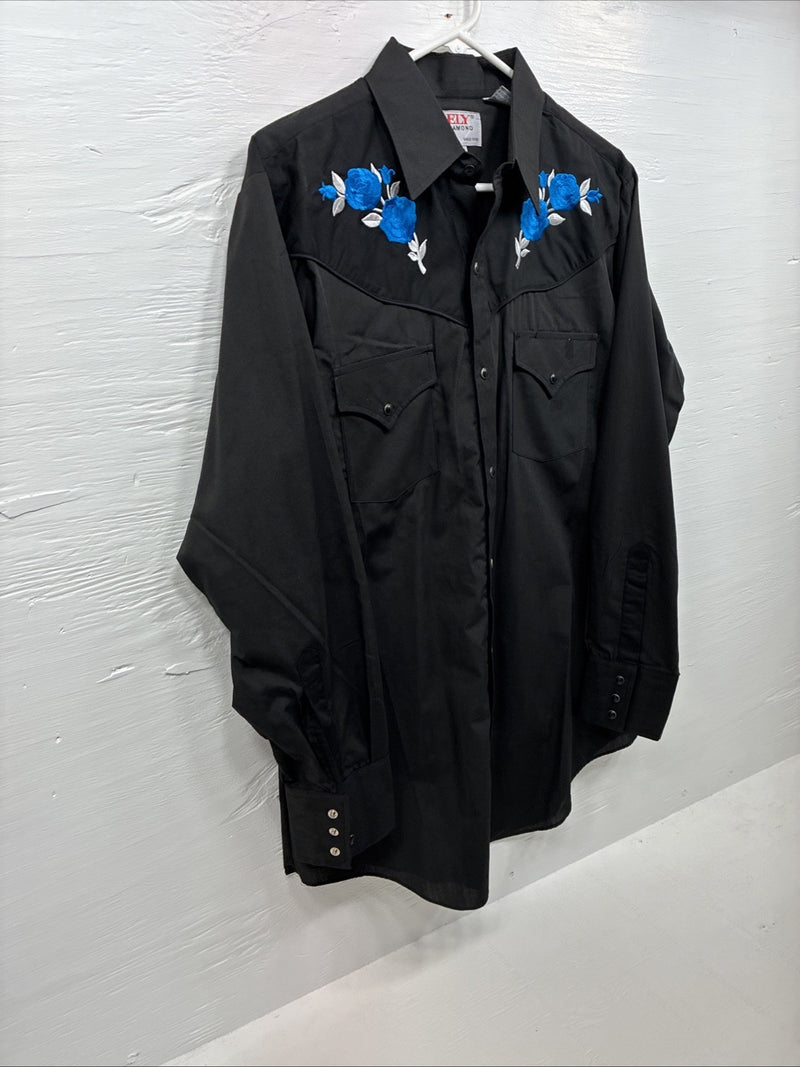 New Men’s ELY Diamond Black Blue Rose Design Long Sleeve Pearl Snap Medium K-35