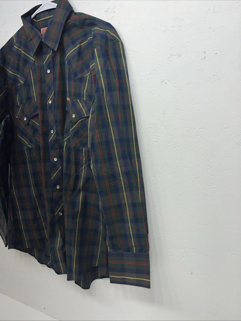 New Men’s ELY Plains Green Plaid Long Sleeve Pearl Snap Shirt 16x34 L P-74
