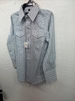 New Kids White Horse Blue stripe Long Sleeve Pearl Snap Medium DD-52