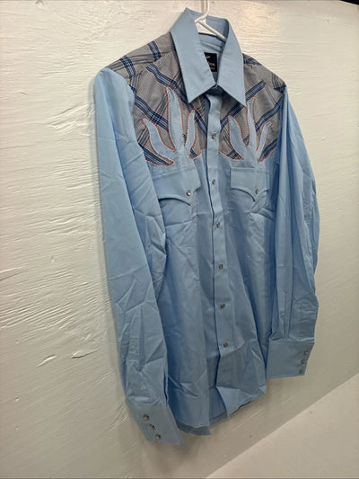 New Men’s Champion Western Blue Embroidered Long Sleeve Pearl Snap Medium K-81