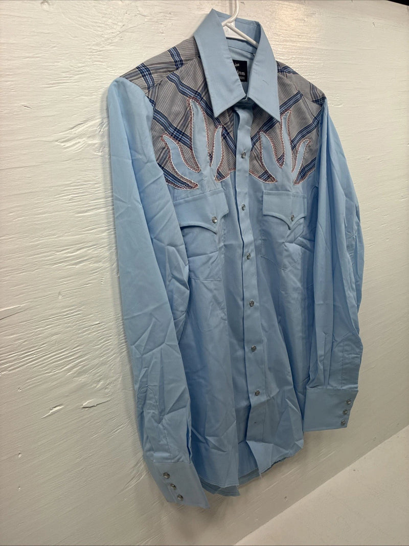 New Men’s Champion Western Blue Embroidered Long Sleeve Pearl Snap Medium K-81