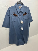 New Men’s ELY Cattleman Blue Embroidered Short Sleeve Pearl Snap 2XL F-82