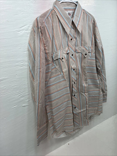 New Men’s Tem Tex Brown Stripe Long Sleeve Pearl Snap 16.5 X 33 Large V-24